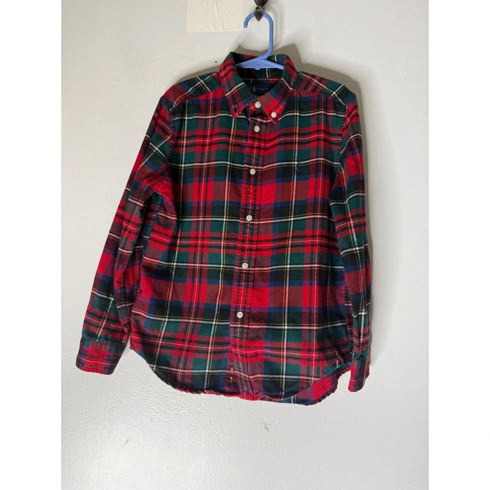 Ralph Lauren Kids Red Green Plaid Performance Button Down Shirt Size 7 Tartan